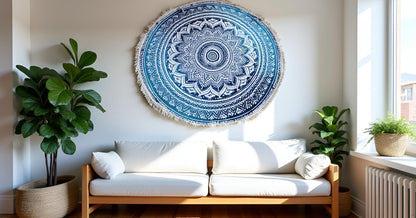 Mandala Round Beach Tapestry Boho Hippie Blanket Bohemian Large Table Cloth Home Decor Yoga Mat Meditation Picnic Rug Throw Hippy Gypsy Tablecloth Roundie (42 Inches, Orange And Blue)