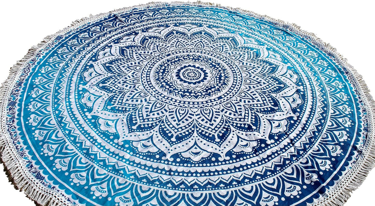 Mandala Round Beach Tapestry Boho Hippie Blanket Bohemian Large Table Cloth Home Decor Yoga Mat Meditation Picnic Rug Throw Hippy Gypsy Tablecloth Roundie (42 Inches, Orange And Blue)