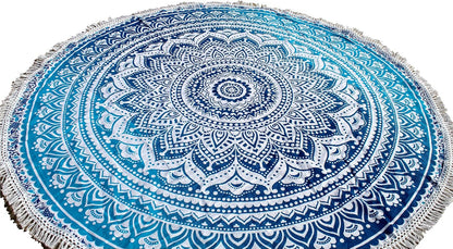 Mandala Round Beach Tapestry Boho Hippie Blanket Bohemian Large Table Cloth Home Decor Yoga Mat Meditation Picnic Rug Throw Hippy Gypsy Tablecloth Roundie (42 Inches, Orange And Blue)