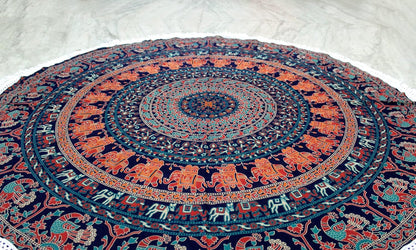 Mandala Round Beach Tapestry Boho Hippie Blanket Bohemian Large Table Cloth Home Decor Yoga Mat Meditation Picnic Rug Throw Hippy Gypsy Tablecloth Roundie (42 Inches, Orange And Blue)