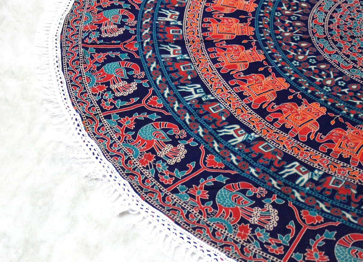 Mandala Round Beach Tapestry Boho Hippie Blanket Bohemian Large Table Cloth Home Decor Yoga Mat Meditation Picnic Rug Throw Hippy Gypsy Tablecloth Roundie (42 Inches, Orange And Blue)