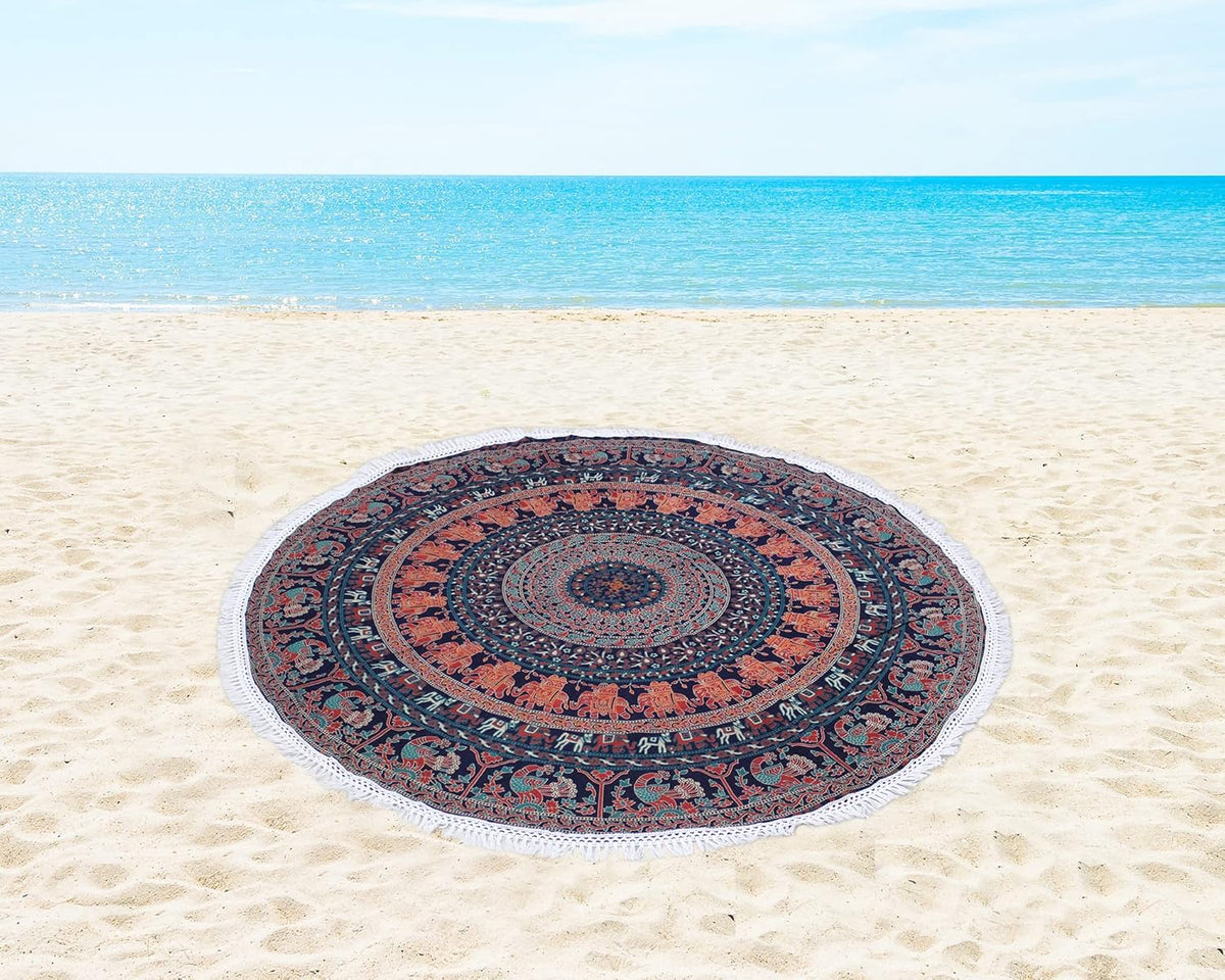 Mandala Round Beach Tapestry Boho Hippie Blanket Bohemian Large Table Cloth Home Decor Yoga Mat Meditation Picnic Rug Throw Hippy Gypsy Tablecloth Roundie (42 Inches, Orange And Blue)