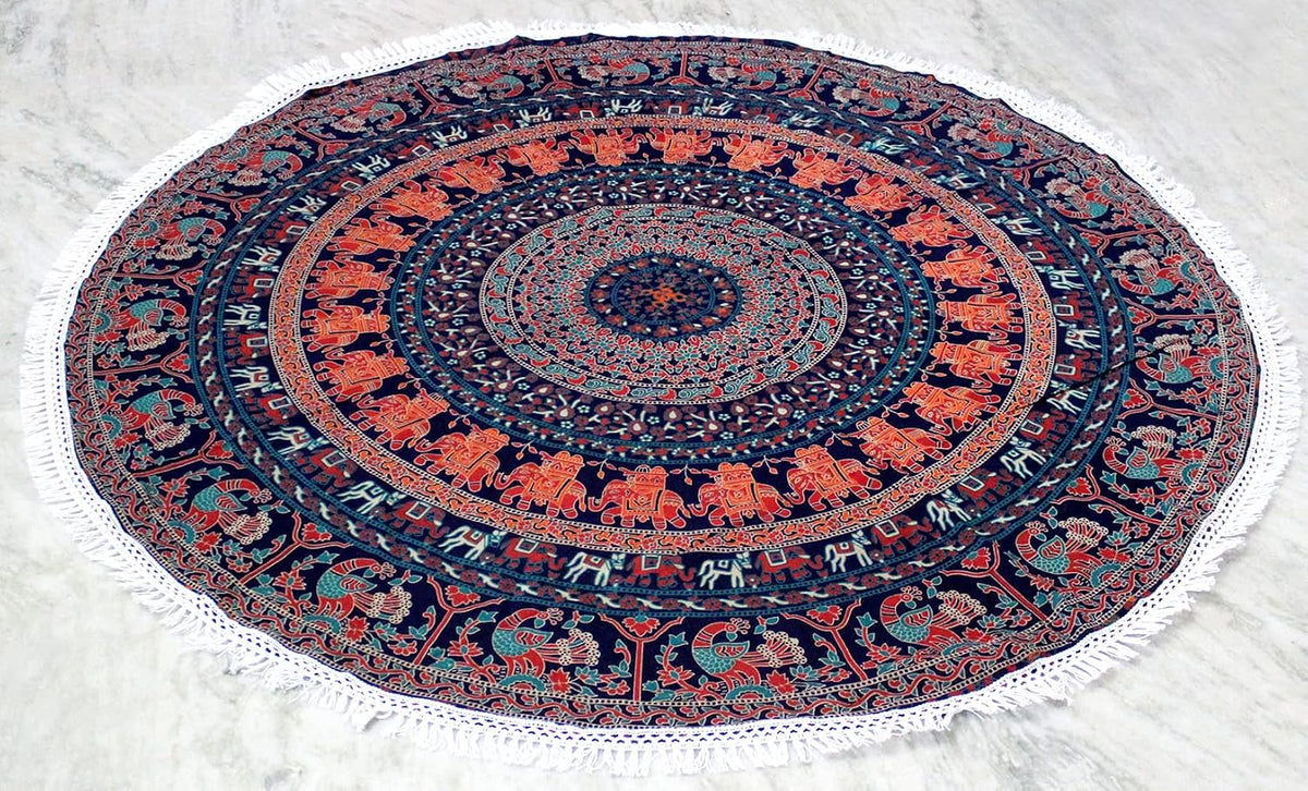Mandala Round Beach Tapestry Boho Hippie Blanket Bohemian Large Table Cloth Home Decor Yoga Mat Meditation Picnic Rug Throw Hippy Gypsy Tablecloth Roundie (42 Inches, Orange And Blue)