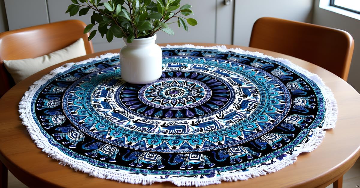 Mandala Round Beach Tapestry Boho Hippie Blanket Bohemian Large Table Cloth Home Decor Yoga Mat Meditation Picnic Rug Throw Hippy Gypsy Tablecloth Roundie (42 Inches, Orange And Blue)