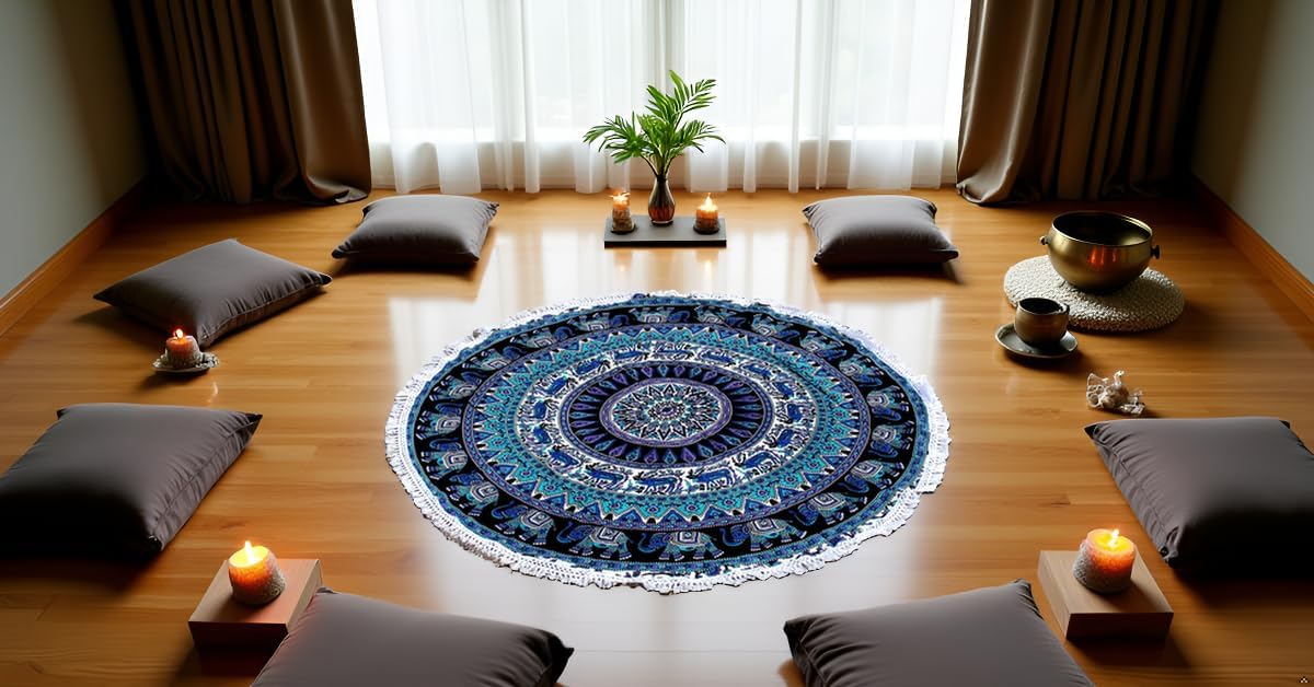 Mandala Round Beach Tapestry Boho Hippie Blanket Bohemian Large Table Cloth Home Decor Yoga Mat Meditation Picnic Rug Throw Hippy Gypsy Tablecloth Roundie (42 Inches, Orange And Blue)