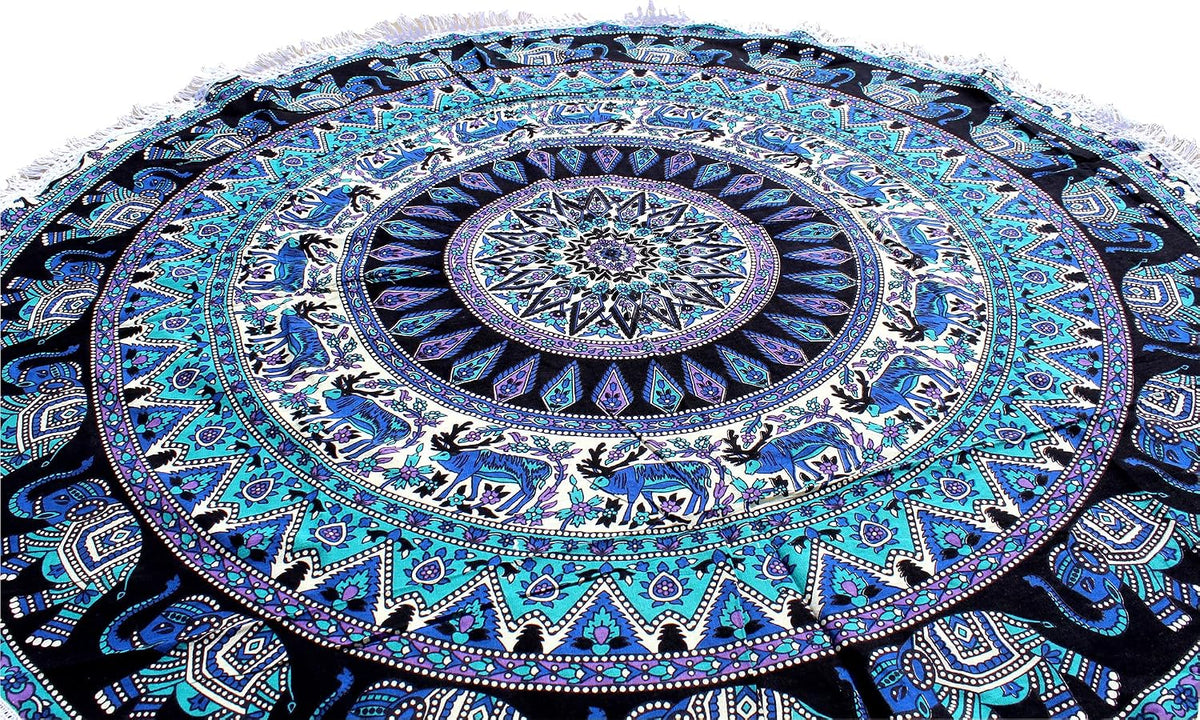 Mandala Round Beach Tapestry Boho Hippie Blanket Bohemian Large Table Cloth Home Decor Yoga Mat Meditation Picnic Rug Throw Hippy Gypsy Tablecloth Roundie (42 Inches, Orange And Blue)