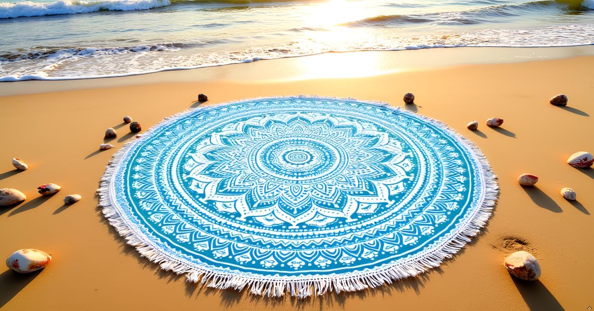 Mandala Round Beach Tapestry Boho Hippie Blanket Bohemian Large Table Cloth Home Decor Yoga Mat Meditation Picnic Rug Throw Hippy Gypsy Tablecloth Roundie (42 Inches, Orange And Blue)
