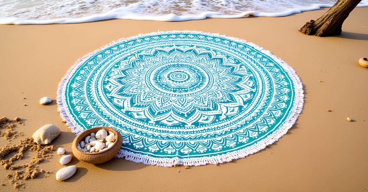 Mandala Round Beach Tapestry Boho Hippie Blanket Bohemian Large Table Cloth Home Decor Yoga Mat Meditation Picnic Rug Throw Hippy Gypsy Tablecloth Roundie (42 Inches, Orange And Blue)