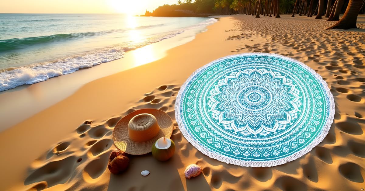 Mandala Round Beach Tapestry Boho Hippie Blanket Bohemian Large Table Cloth Home Decor Yoga Mat Meditation Picnic Rug Throw Hippy Gypsy Tablecloth Roundie (42 Inches, Orange And Blue)