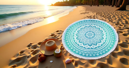 Mandala Round Beach Tapestry Boho Hippie Blanket Bohemian Large Table Cloth Home Decor Yoga Mat Meditation Picnic Rug Throw Hippy Gypsy Tablecloth Roundie (42 Inches, Orange And Blue)