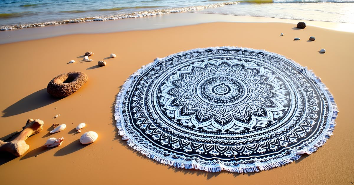 Mandala Round Beach Tapestry Boho Hippie Blanket Bohemian Large Table Cloth Home Decor Yoga Mat Meditation Picnic Rug Throw Hippy Gypsy Tablecloth Roundie (42 Inches, Orange And Blue)