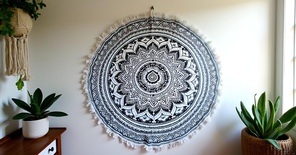 Mandala Round Beach Tapestry Boho Hippie Blanket Bohemian Large Table Cloth Home Decor Yoga Mat Meditation Picnic Rug Throw Hippy Gypsy Tablecloth Roundie (42 Inches, Orange And Blue)