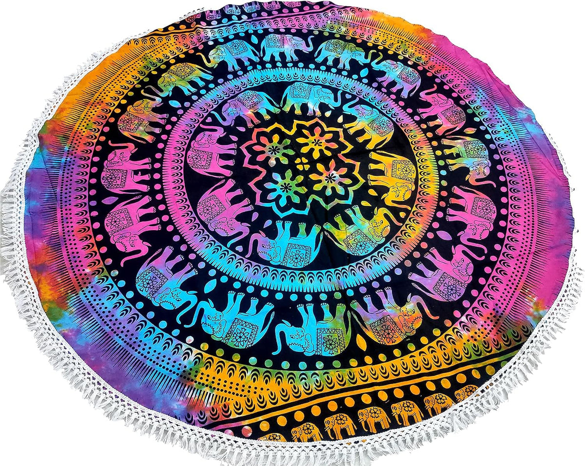 Mandala Round Beach Tapestry Boho Hippie Blanket Bohemian Large Table Cloth Home Decor Yoga Mat Meditation Picnic Rug Throw Hippy Gypsy Tablecloth Roundie (42 Inches, Orange And Blue)