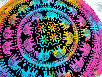 Mandala Round Beach Tapestry Boho Hippie Blanket Bohemian Large Table Cloth Home Decor Yoga Mat Meditation Picnic Rug Throw Hippy Gypsy Tablecloth Roundie (42 Inches, Orange And Blue)