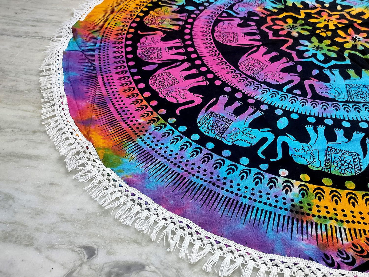 Mandala Round Beach Tapestry Boho Hippie Blanket Bohemian Large Table Cloth Home Decor Yoga Mat Meditation Picnic Rug Throw Hippy Gypsy Tablecloth Roundie (42 Inches, Orange And Blue)
