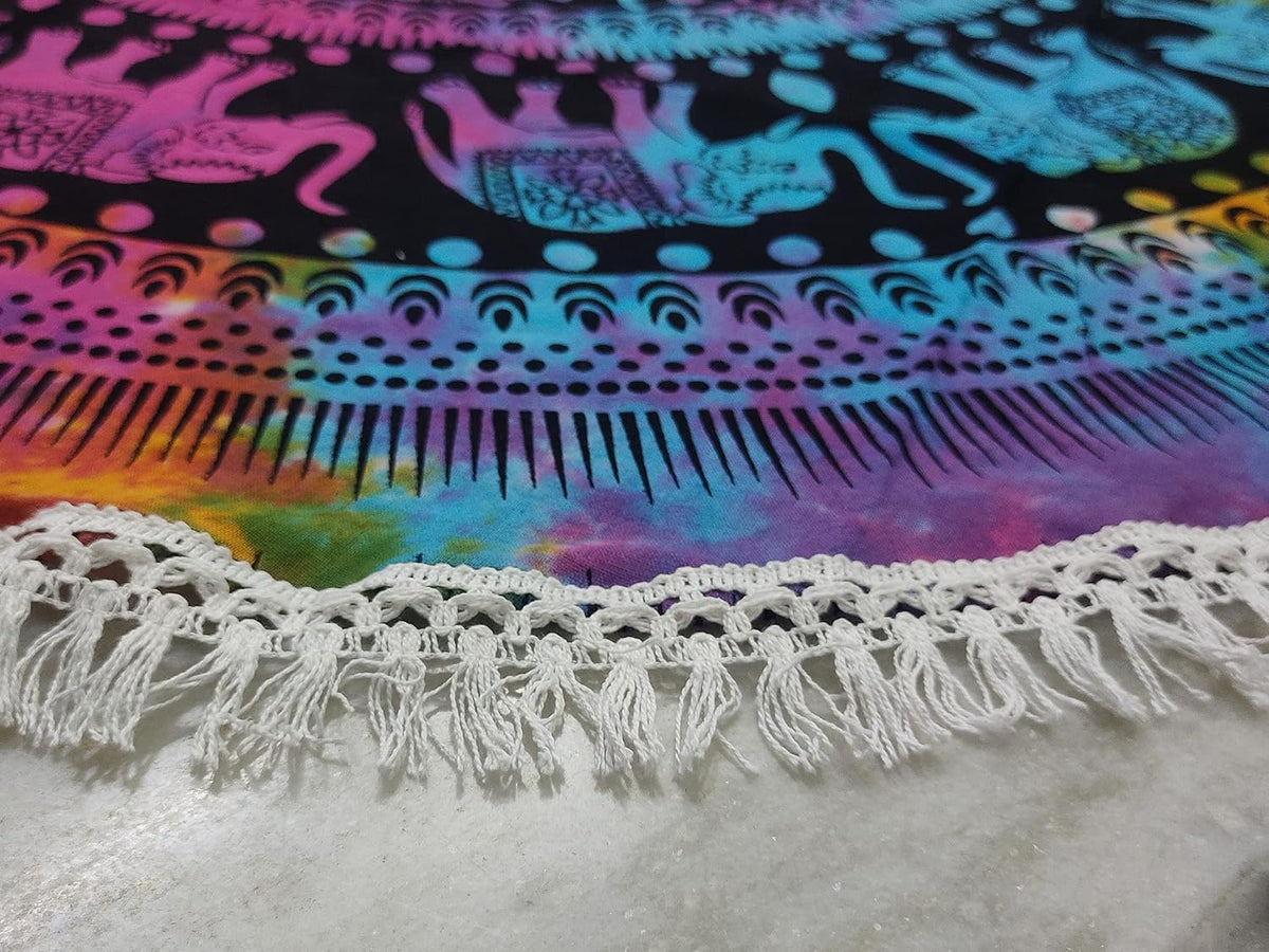 Mandala Round Beach Tapestry Boho Hippie Blanket Bohemian Large Table Cloth Home Decor Yoga Mat Meditation Picnic Rug Throw Hippy Gypsy Tablecloth Roundie (42 Inches, Orange And Blue)