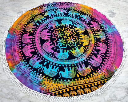 Mandala Round Beach Tapestry Boho Hippie Blanket Bohemian Large Table Cloth Home Decor Yoga Mat Meditation Picnic Rug Throw Hippy Gypsy Tablecloth Roundie (42 Inches, Orange And Blue)
