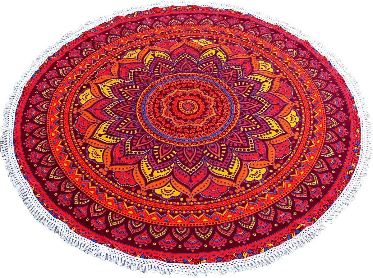 Mandala Round Beach Tapestry Boho Hippie Blanket Bohemian Large Table Cloth Home Decor Yoga Mat Meditation Picnic Rug Throw Hippy Gypsy Tablecloth Roundie (42 Inches, Orange And Blue)