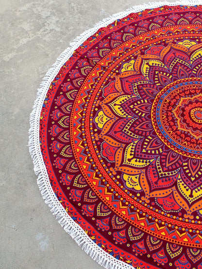 Mandala Round Beach Tapestry Boho Hippie Blanket Bohemian Large Table Cloth Home Decor Yoga Mat Meditation Picnic Rug Throw Hippy Gypsy Tablecloth Roundie (42 Inches, Orange And Blue)