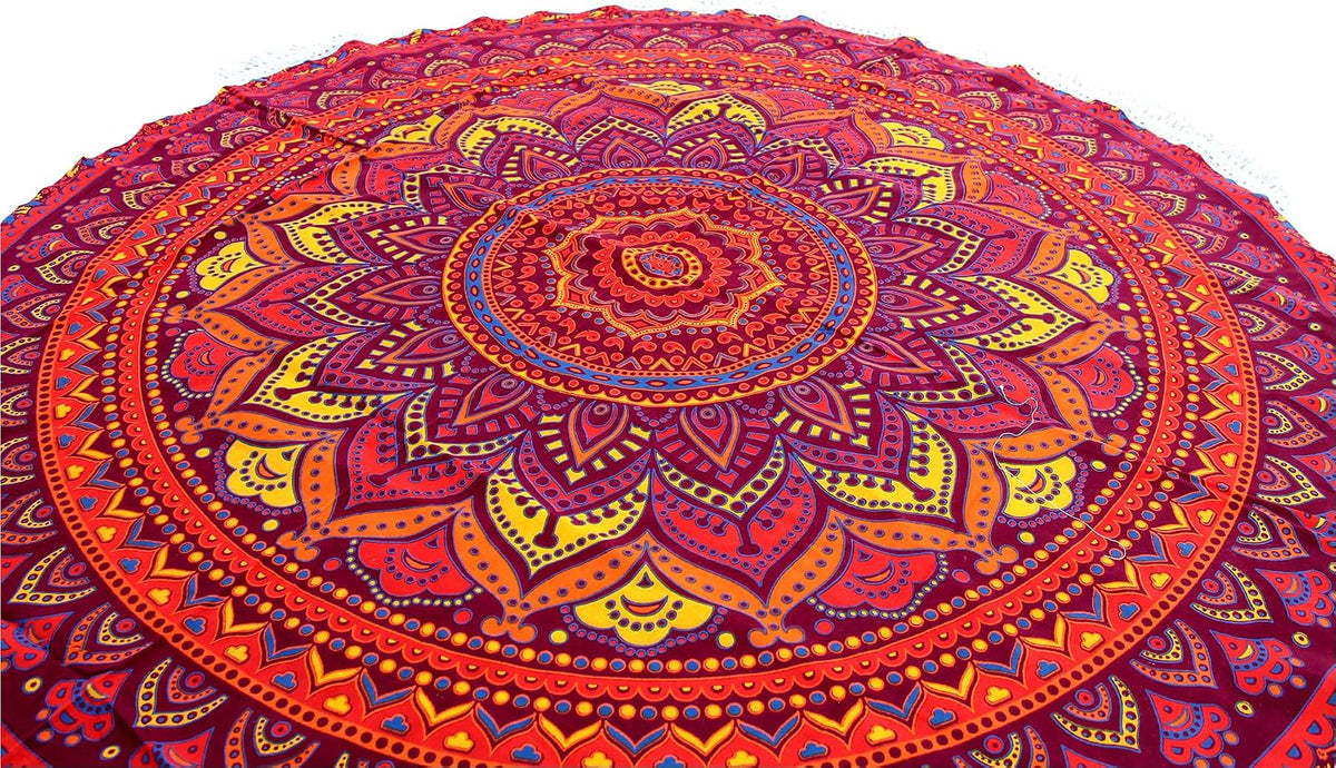 Mandala Round Beach Tapestry Boho Hippie Blanket Bohemian Large Table Cloth Home Decor Yoga Mat Meditation Picnic Rug Throw Hippy Gypsy Tablecloth Roundie (42 Inches, Orange And Blue)