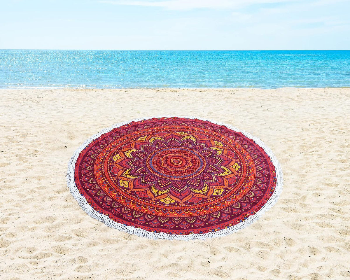Mandala Round Beach Tapestry Boho Hippie Blanket Bohemian Large Table Cloth Home Decor Yoga Mat Meditation Picnic Rug Throw Hippy Gypsy Tablecloth Roundie (42 Inches, Orange And Blue)