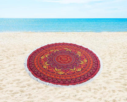 Mandala Round Beach Tapestry Boho Hippie Blanket Bohemian Large Table Cloth Home Decor Yoga Mat Meditation Picnic Rug Throw Hippy Gypsy Tablecloth Roundie (42 Inches, Orange And Blue)