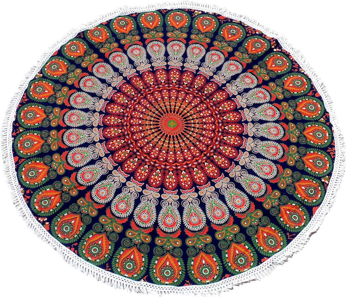 Mandala Round Beach Tapestry Boho Hippie Blanket Bohemian Large Table Cloth Home Decor Yoga Mat Meditation Picnic Rug Throw Hippy Gypsy Tablecloth Roundie (42 Inches, Orange And Blue)