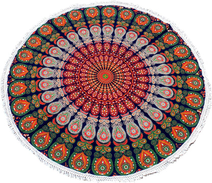 Mandala Round Beach Tapestry Boho Hippie Blanket Bohemian Large Table Cloth Home Decor Yoga Mat Meditation Picnic Rug Throw Hippy Gypsy Tablecloth Roundie (42 Inches, Orange And Blue)
