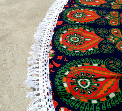 Mandala Round Beach Tapestry Boho Hippie Blanket Bohemian Large Table Cloth Home Decor Yoga Mat Meditation Picnic Rug Throw Hippy Gypsy Tablecloth Roundie (42 Inches, Orange And Blue)