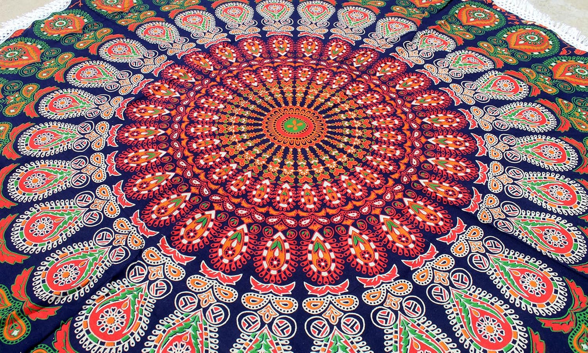 Mandala Round Beach Tapestry Boho Hippie Blanket Bohemian Large Table Cloth Home Decor Yoga Mat Meditation Picnic Rug Throw Hippy Gypsy Tablecloth Roundie (42 Inches, Orange And Blue)