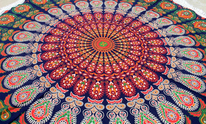 Mandala Round Beach Tapestry Boho Hippie Blanket Bohemian Large Table Cloth Home Decor Yoga Mat Meditation Picnic Rug Throw Hippy Gypsy Tablecloth Roundie (42 Inches, Orange And Blue)