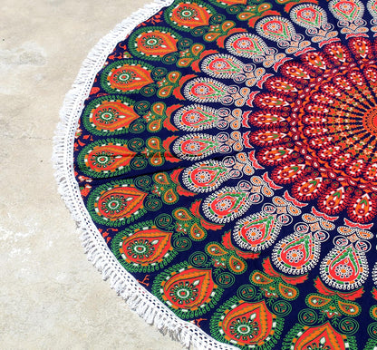 Mandala Round Beach Tapestry Boho Hippie Blanket Bohemian Large Table Cloth Home Decor Yoga Mat Meditation Picnic Rug Throw Hippy Gypsy Tablecloth Roundie (42 Inches, Orange And Blue)