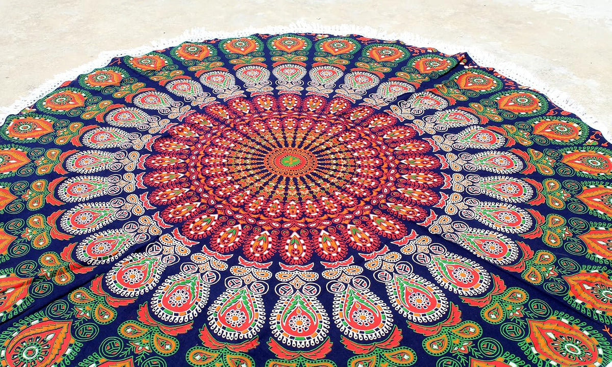 Mandala Round Beach Tapestry Boho Hippie Blanket Bohemian Large Table Cloth Home Decor Yoga Mat Meditation Picnic Rug Throw Hippy Gypsy Tablecloth Roundie (42 Inches, Orange And Blue)