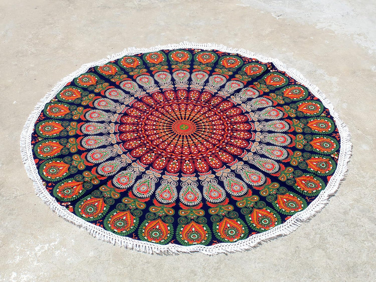 Mandala Round Beach Tapestry Boho Hippie Blanket Bohemian Large Table Cloth Home Decor Yoga Mat Meditation Picnic Rug Throw Hippy Gypsy Tablecloth Roundie (42 Inches, Orange And Blue)