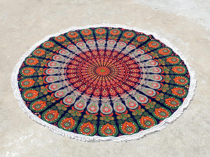 Mandala Round Beach Tapestry Boho Hippie Blanket Bohemian Large Table Cloth Home Decor Yoga Mat Meditation Picnic Rug Throw Hippy Gypsy Tablecloth Roundie (42 Inches, Orange And Blue)