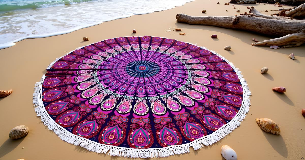 Mandala Round Beach Tapestry Boho Hippie Blanket Bohemian Large Table Cloth Home Decor Yoga Mat Meditation Picnic Rug Throw Hippy Gypsy Tablecloth Roundie (42 Inches, Orange And Blue)
