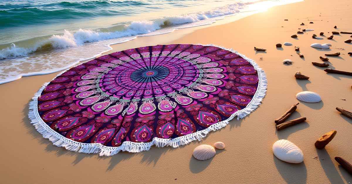 Mandala Round Beach Tapestry Boho Hippie Blanket Bohemian Large Table Cloth Home Decor Yoga Mat Meditation Picnic Rug Throw Hippy Gypsy Tablecloth Roundie (42 Inches, Orange And Blue)