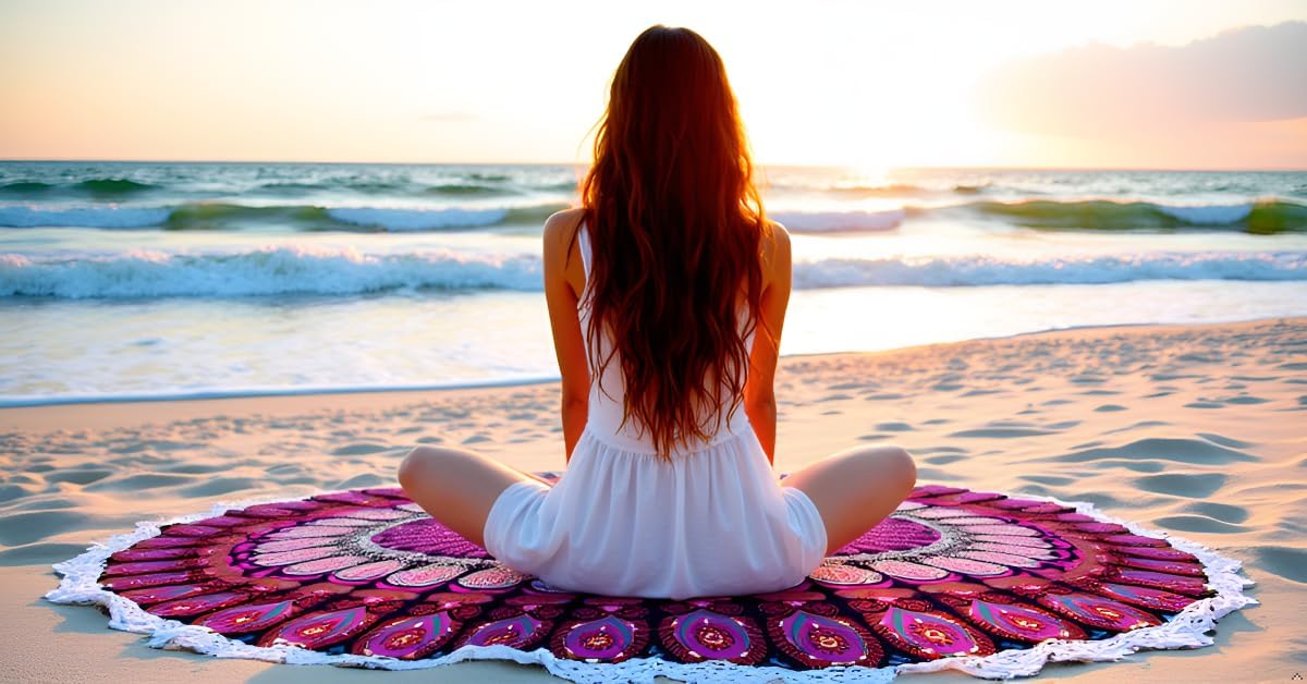 Mandala Round Beach Tapestry Boho Hippie Blanket Bohemian Large Table Cloth Home Decor Yoga Mat Meditation Picnic Rug Throw Hippy Gypsy Tablecloth Roundie (42 Inches, Orange And Blue)