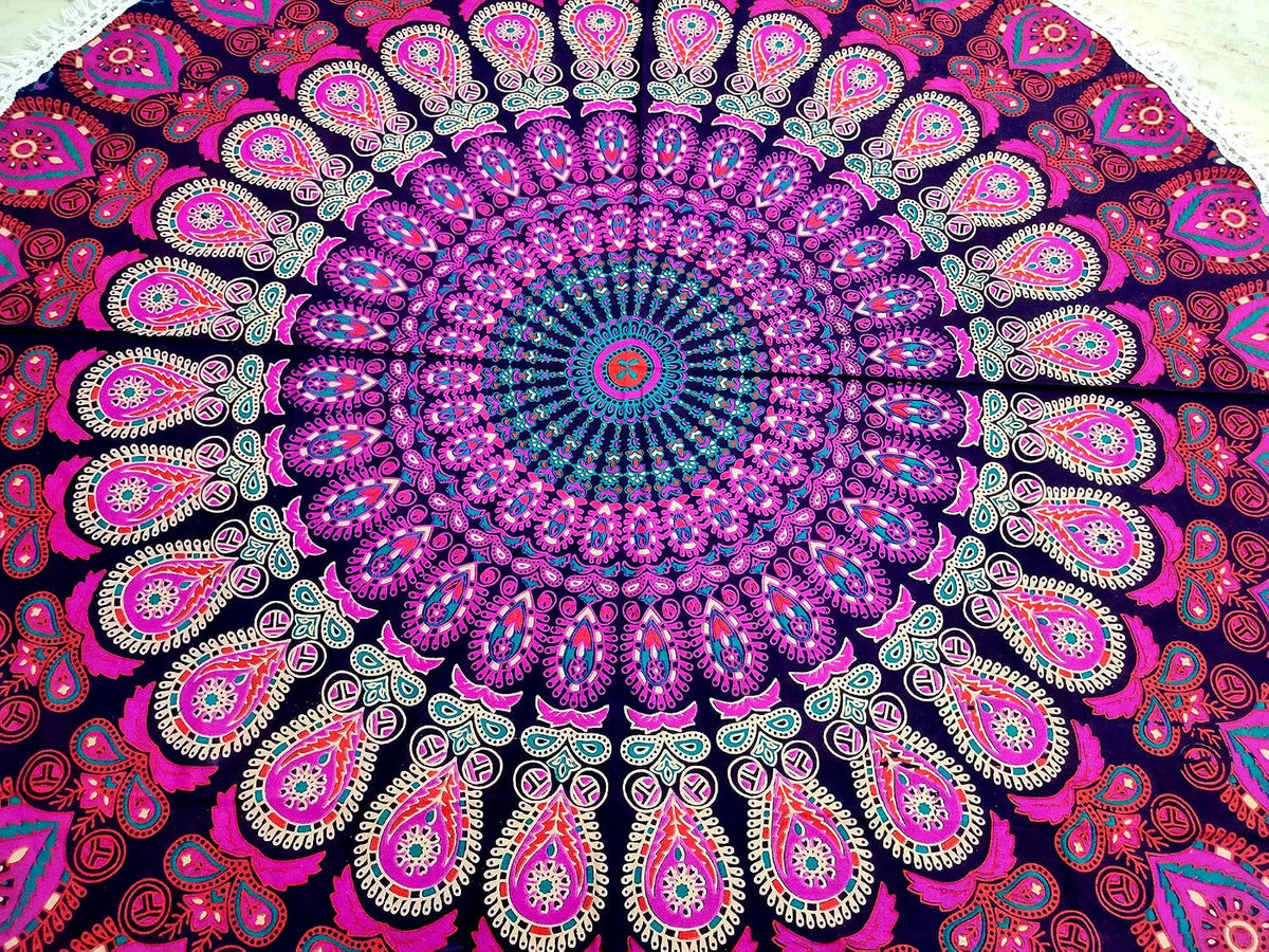 Mandala Round Beach Tapestry Boho Hippie Blanket Bohemian Large Table Cloth Home Decor Yoga Mat Meditation Picnic Rug Throw Hippy Gypsy Tablecloth Roundie (42 Inches, Orange And Blue)