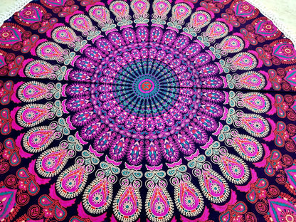 Mandala Round Beach Tapestry Boho Hippie Blanket Bohemian Large Table Cloth Home Decor Yoga Mat Meditation Picnic Rug Throw Hippy Gypsy Tablecloth Roundie (42 Inches, Orange And Blue)