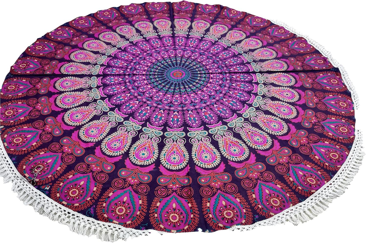 Mandala Round Beach Tapestry Boho Hippie Blanket Bohemian Large Table Cloth Home Decor Yoga Mat Meditation Picnic Rug Throw Hippy Gypsy Tablecloth Roundie (42 Inches, Orange And Blue)