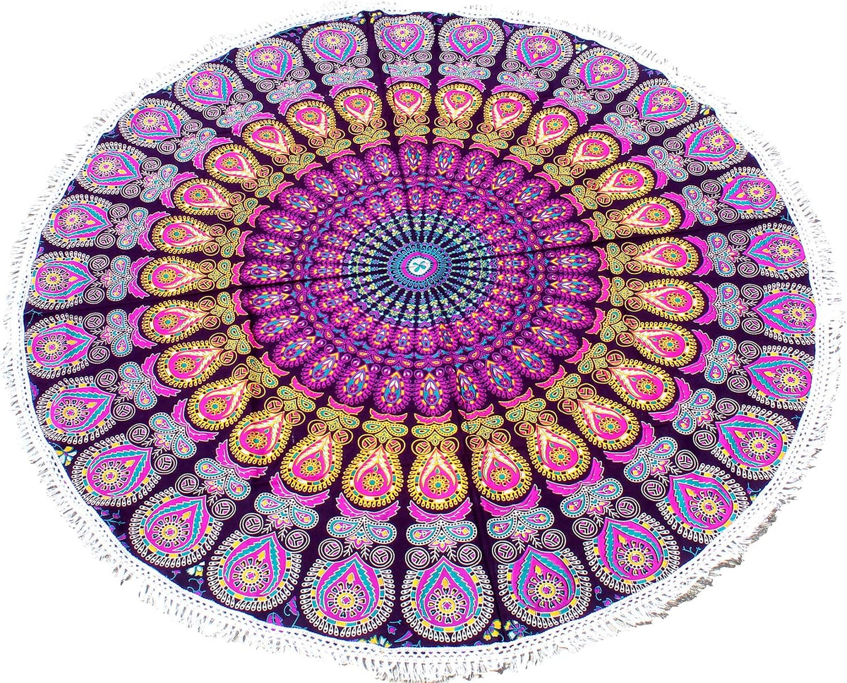 Mandala Round Beach Tapestry Boho Hippie Blanket Bohemian Large Table Cloth Home Decor Yoga Mat Meditation Picnic Rug Throw Hippy Gypsy Tablecloth Roundie (42 Inches, Orange And Blue)