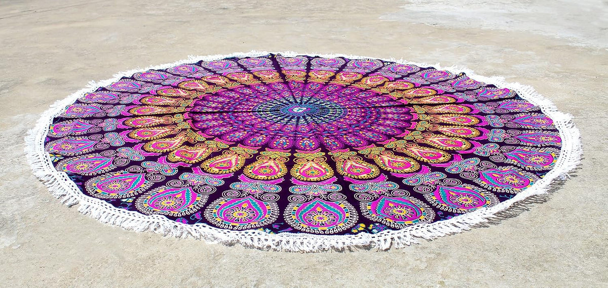 Mandala Round Beach Tapestry Boho Hippie Blanket Bohemian Large Table Cloth Home Decor Yoga Mat Meditation Picnic Rug Throw Hippy Gypsy Tablecloth Roundie (42 Inches, Orange And Blue)