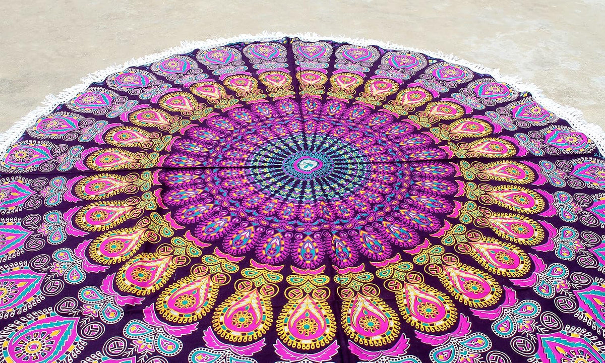 Mandala Round Beach Tapestry Boho Hippie Blanket Bohemian Large Table Cloth Home Decor Yoga Mat Meditation Picnic Rug Throw Hippy Gypsy Tablecloth Roundie (42 Inches, Orange And Blue)