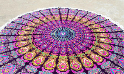 Mandala Round Beach Tapestry Boho Hippie Blanket Bohemian Large Table Cloth Home Decor Yoga Mat Meditation Picnic Rug Throw Hippy Gypsy Tablecloth Roundie (42 Inches, Orange And Blue)