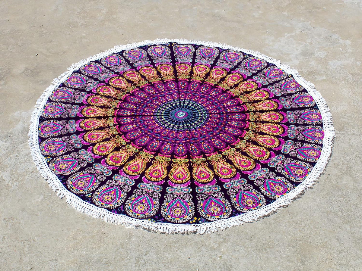 Mandala Round Beach Tapestry Boho Hippie Blanket Bohemian Large Table Cloth Home Decor Yoga Mat Meditation Picnic Rug Throw Hippy Gypsy Tablecloth Roundie (42 Inches, Orange And Blue)
