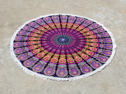 Mandala Round Beach Tapestry Boho Hippie Blanket Bohemian Large Table Cloth Home Decor Yoga Mat Meditation Picnic Rug Throw Hippy Gypsy Tablecloth Roundie (42 Inches, Orange And Blue)