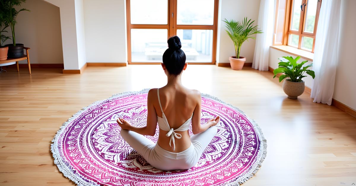 Mandala Round Beach Tapestry Boho Hippie Blanket Bohemian Large Table Cloth Home Decor Yoga Mat Meditation Picnic Rug Throw Hippy Gypsy Tablecloth Roundie (42 Inches, Orange And Blue)