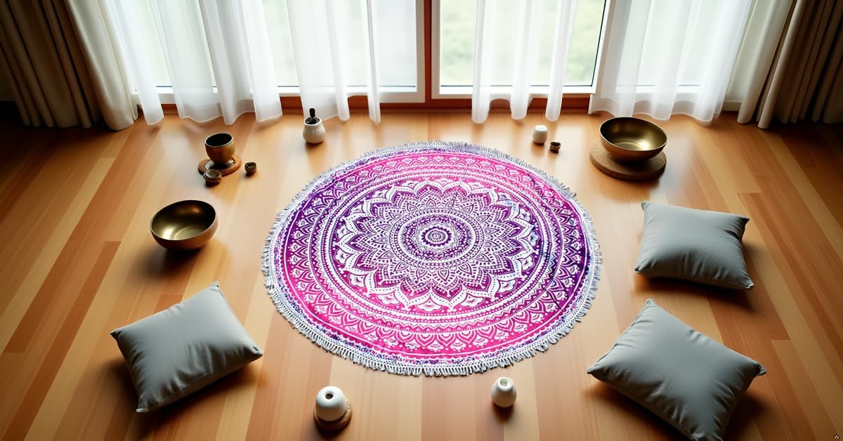 Mandala Round Beach Tapestry Boho Hippie Blanket Bohemian Large Table Cloth Home Decor Yoga Mat Meditation Picnic Rug Throw Hippy Gypsy Tablecloth Roundie (42 Inches, Orange And Blue)