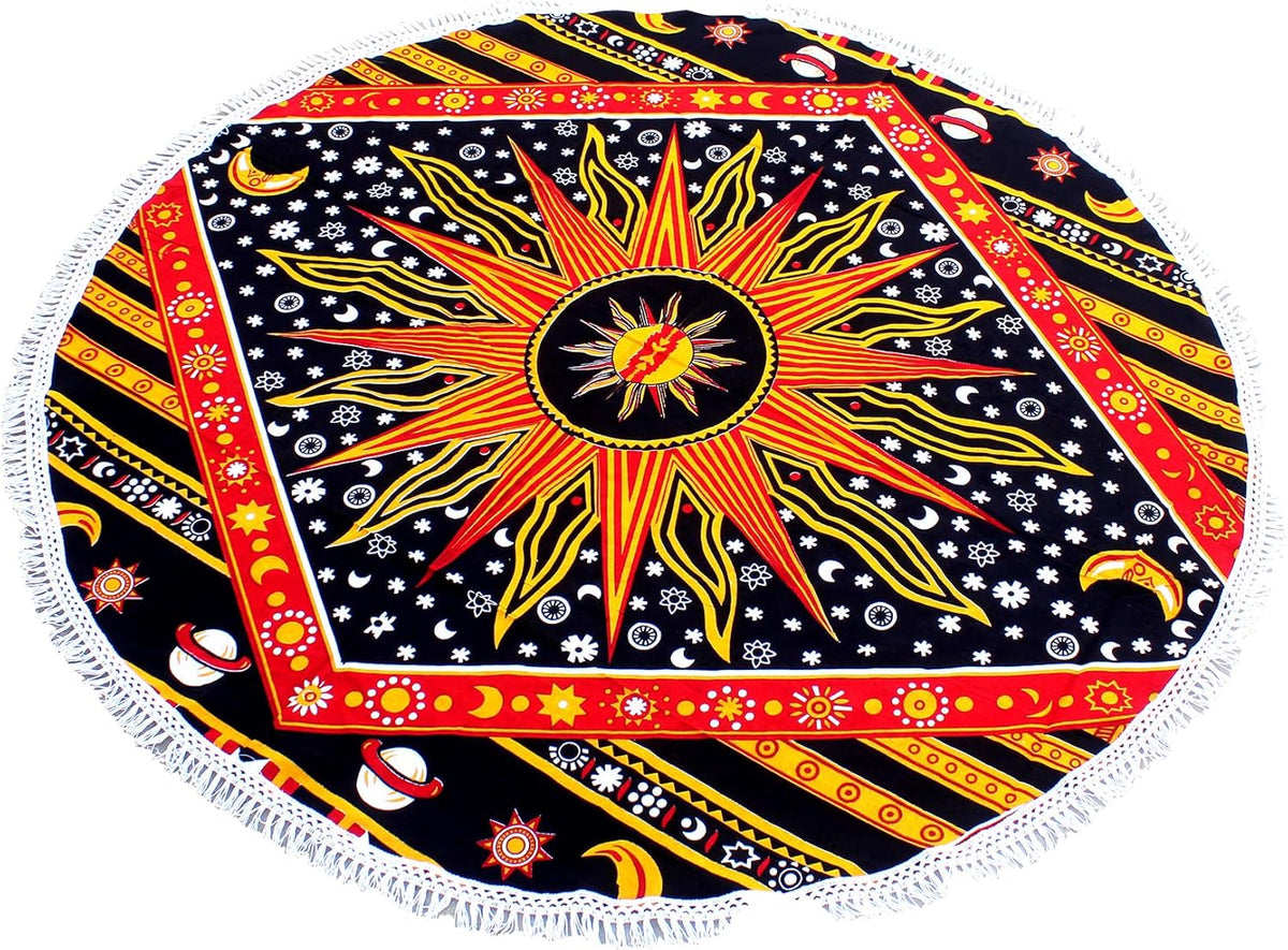 Mandala Round Beach Tapestry Boho Hippie Blanket Bohemian Large Table Cloth Home Decor Yoga Mat Meditation Picnic Rug Throw Hippy Gypsy Tablecloth Roundie (42 Inches, Orange And Blue)
